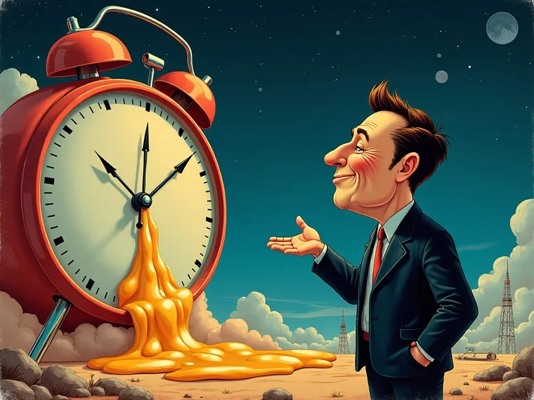 AI illustration: Elon Musk shrugging beside a giant melting clock